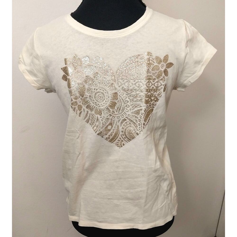 Children’s Place Cream And Glitter Gold Heart Graphic Girls XL 14 Tee Shirt